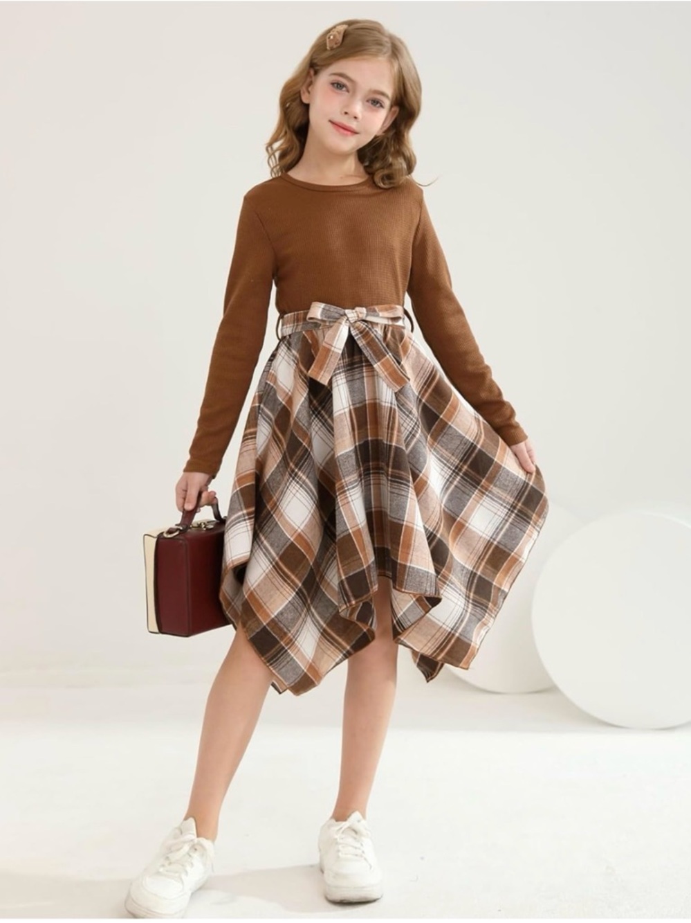 Brown Knit Top with Plaid Handkerchief Skirt